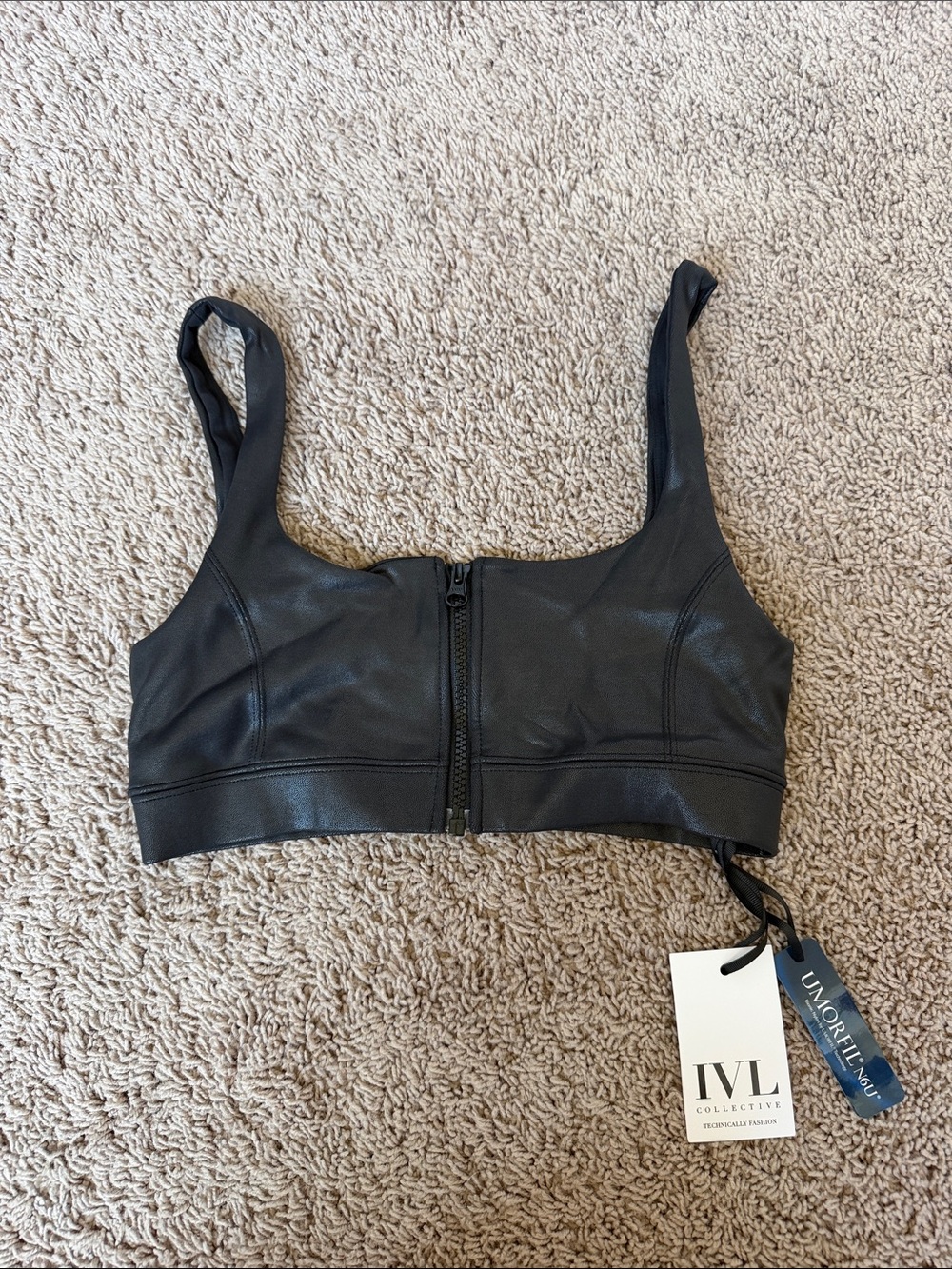 NWT IVL Collective Faux Leather Black Front-Zip Sports Bra